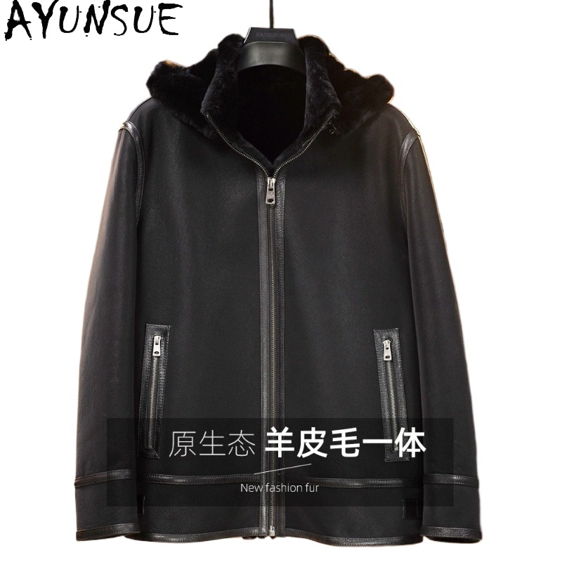 Warm Winter Clothing - AYUNSUE Black Real Fur Coat Men